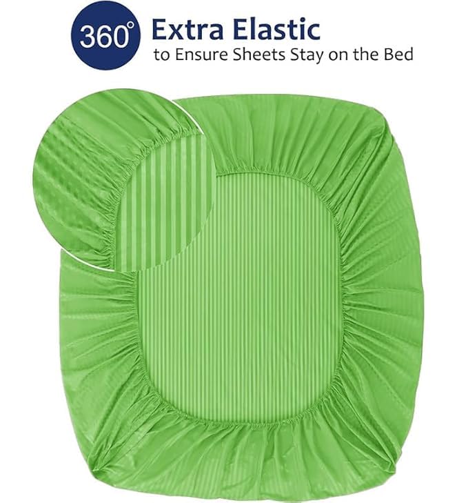 Homecrown Cotton Feel Striped Elastic Fitted Double Bedsheet with 2 Pillow Covers – 72x78 Inch – Light Green