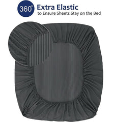 Homecrown Cotton Feel Striped Elastic Fitted Double Bedsheet with 2 Pillow Covers – 72x78 Inch – Dark Grey