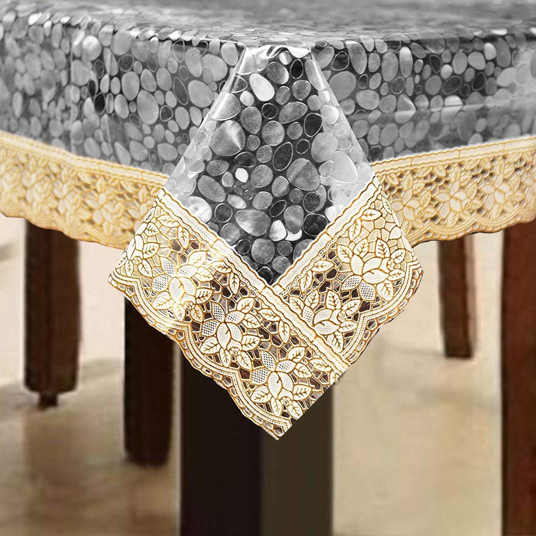 Homecrown Stone Print Golden Lace Waterproof Centre Table Cover (60x40 Inch)