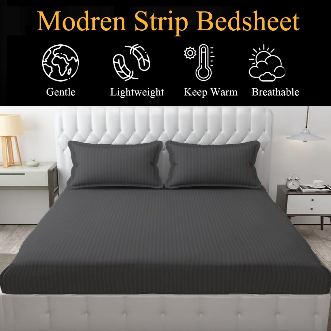 Homecrown Cotton Feel Striped Elastic Fitted Double Bedsheet with 2 Pillow Covers – 72x78 Inch – Dark Grey