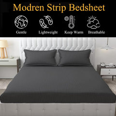 Homecrown Cotton Feel Striped Elastic Fitted Double Bedsheet with 2 Pillow Covers – 72x78 Inch – Dark Grey