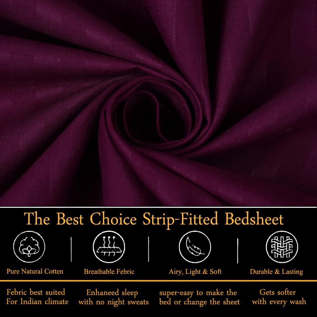 Homecrown Cotton Feel Striped Elastic Fitted Double Bedsheet with 2 Pillow Covers – 72x78 Inch – Wine