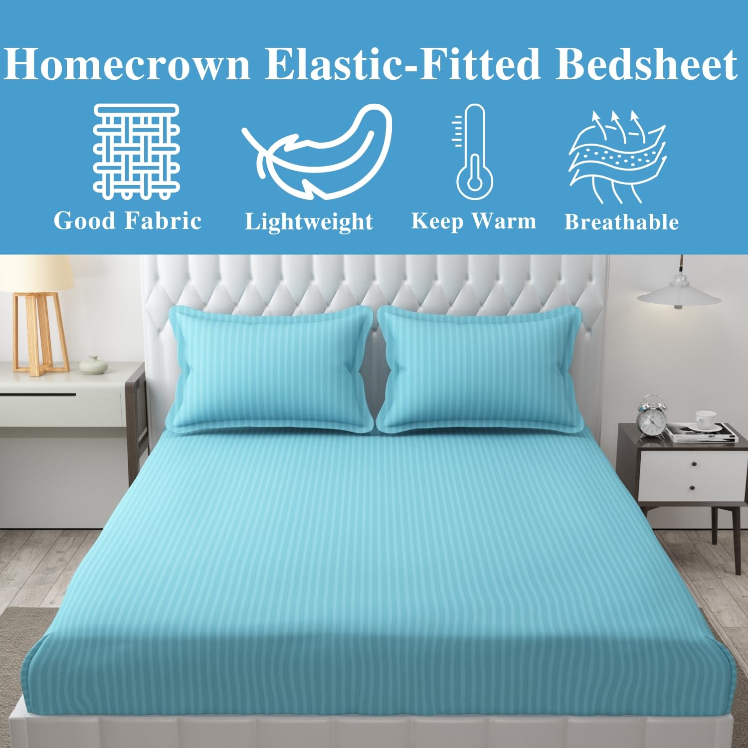 Homecrown Cotton Feel Striped Elastic Fitted Double Bedsheet with 2 Pillow Covers – 72x78 Inch – Light Blue