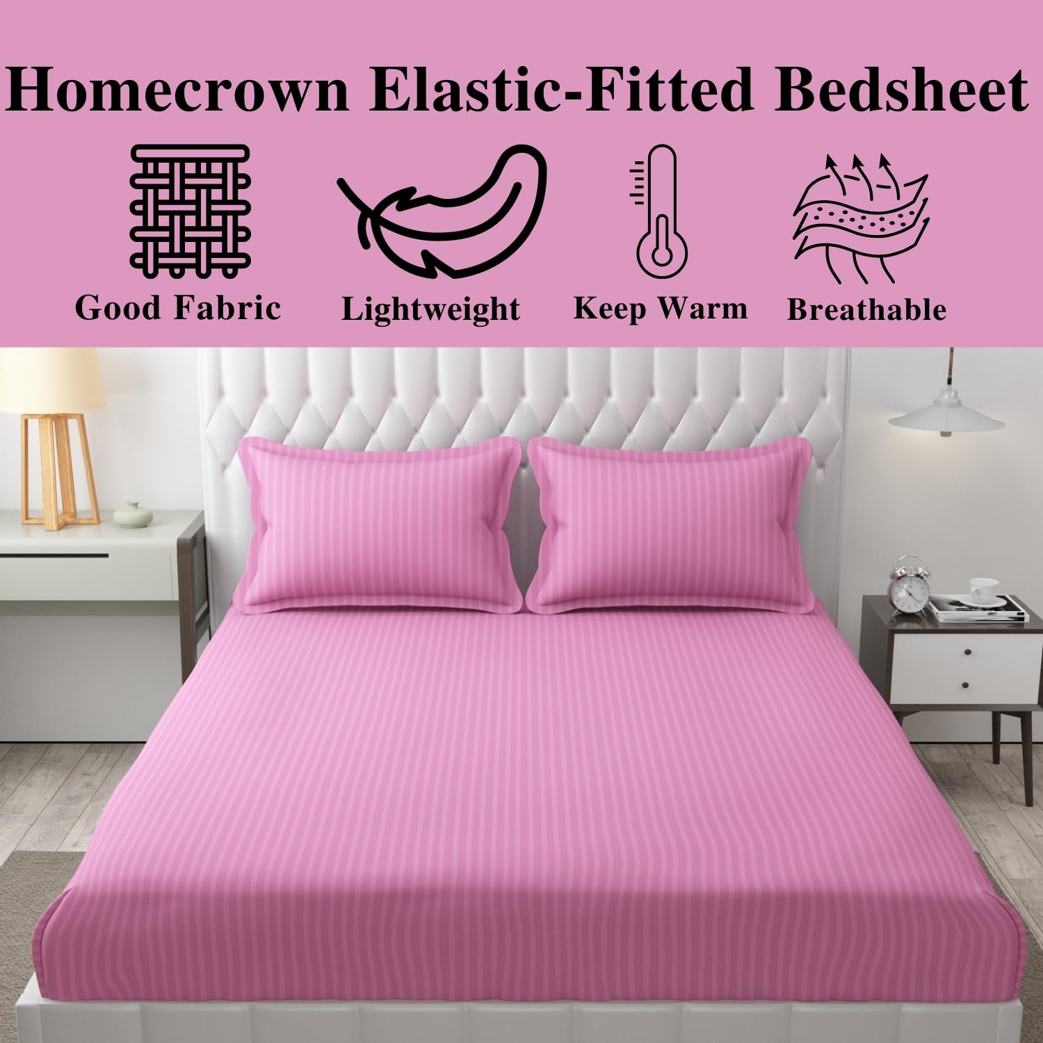 Homecrown Cotton Feel Striped Elastic Fitted Double Bedsheet with 2 Pillow Covers – 72x78 Inch – Light Pink