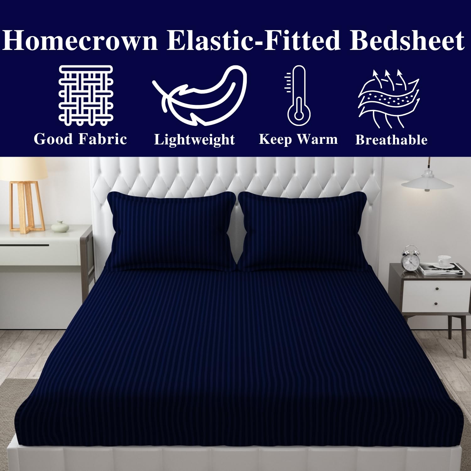 Homecrown Cotton Feel Striped Elastic Fitted Double Bedsheet with 2 Pillow Covers – 72x78 Inch – Dark Blue