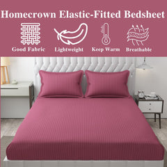 Homecrown Cotton Feel Striped Elastic Fitted Double Bedsheet with 2 Pillow Covers – 72x78 Inch – Dark Pink