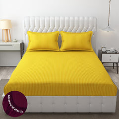 Homecrown Cotton Feel Striped Elastic Fitted Double Bedsheet with 2 Pillow Covers – 72x78 Inch – Yellow