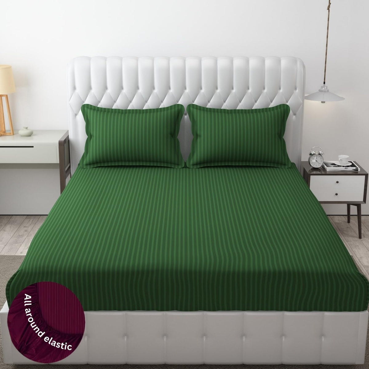 Homecrown Cotton Feel Striped Elastic Fitted Double Bedsheet with 2 Pillow Covers – 72x78 Inch – Dark Green