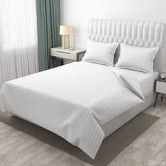 Homecrown Cotton Double Bedsheet with 2 Pillow Covers- Satin Stripe- 90x100 Inch- White