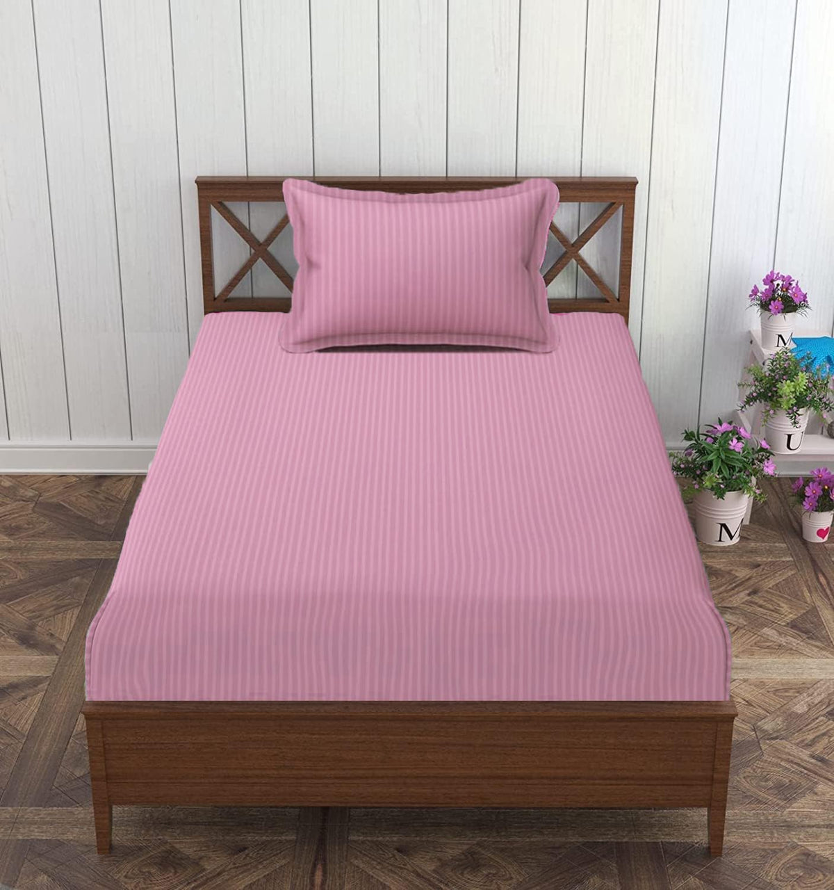 Homecrown Stripe Bedsheet for Single Bed with 1 Matching Pillow Cover – Light Pink