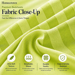 Homecrown Lime Green Satin Stripe Glace Cotton Double Bedsheet with 2 Pillow Covers (90 x 100 in) | Bedsheet | Homecrown