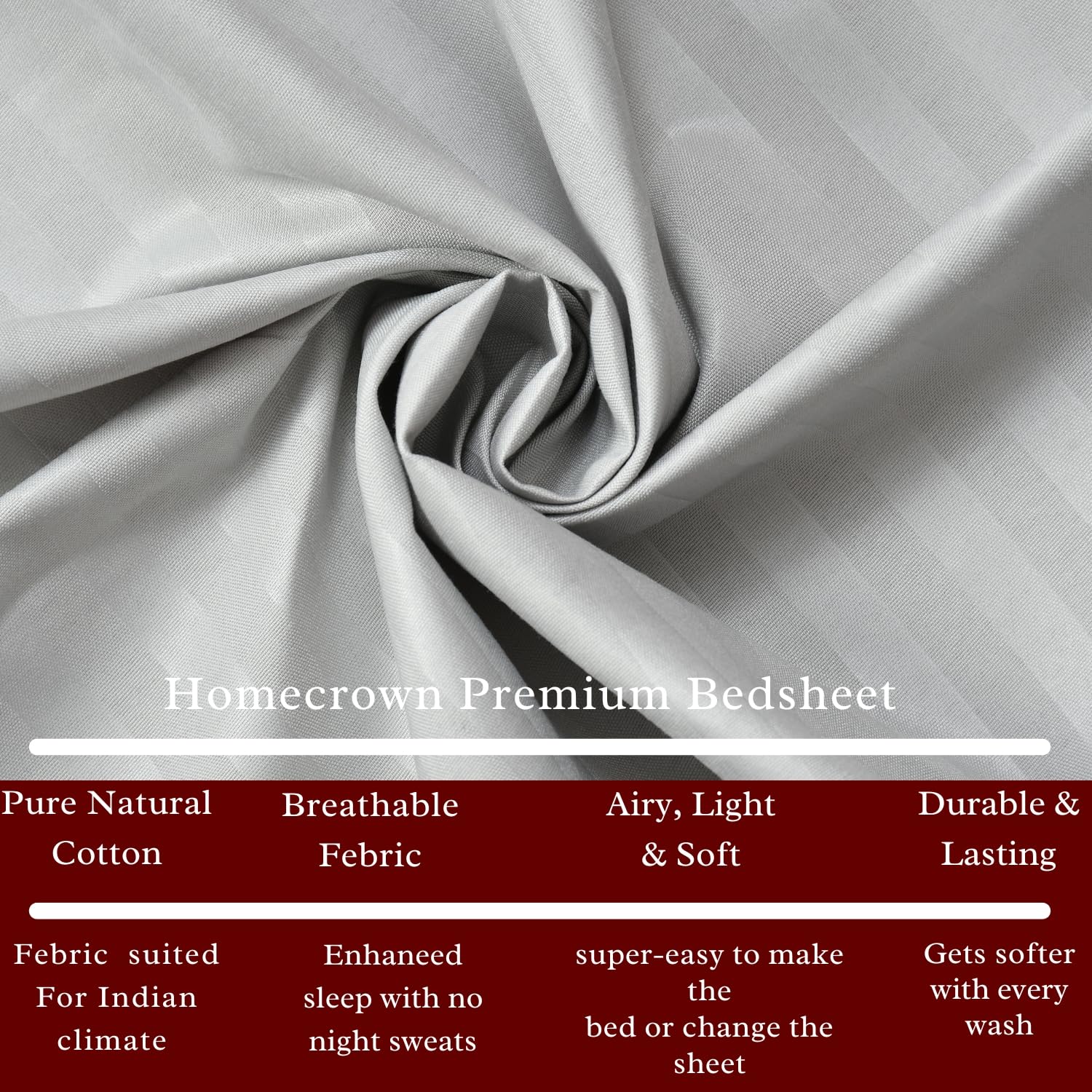 Homecrown Stripe Bedsheet for Single Bed with 1 Matching Pillow Cover – Light Grey