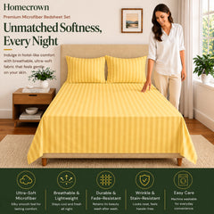 Homecrown Yellow Satin Stripe Glace Cotton Double Bedsheet with 2 Pillow Covers (90 x 100 in) | Bedsheet | Homecrown