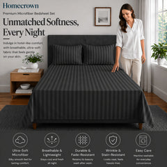 Homecrown Grey Satin Stripe Glace Cotton Double Bedsheet with 2 Pillow Covers (90 x 100 in) | Bedsheet | Homecrown