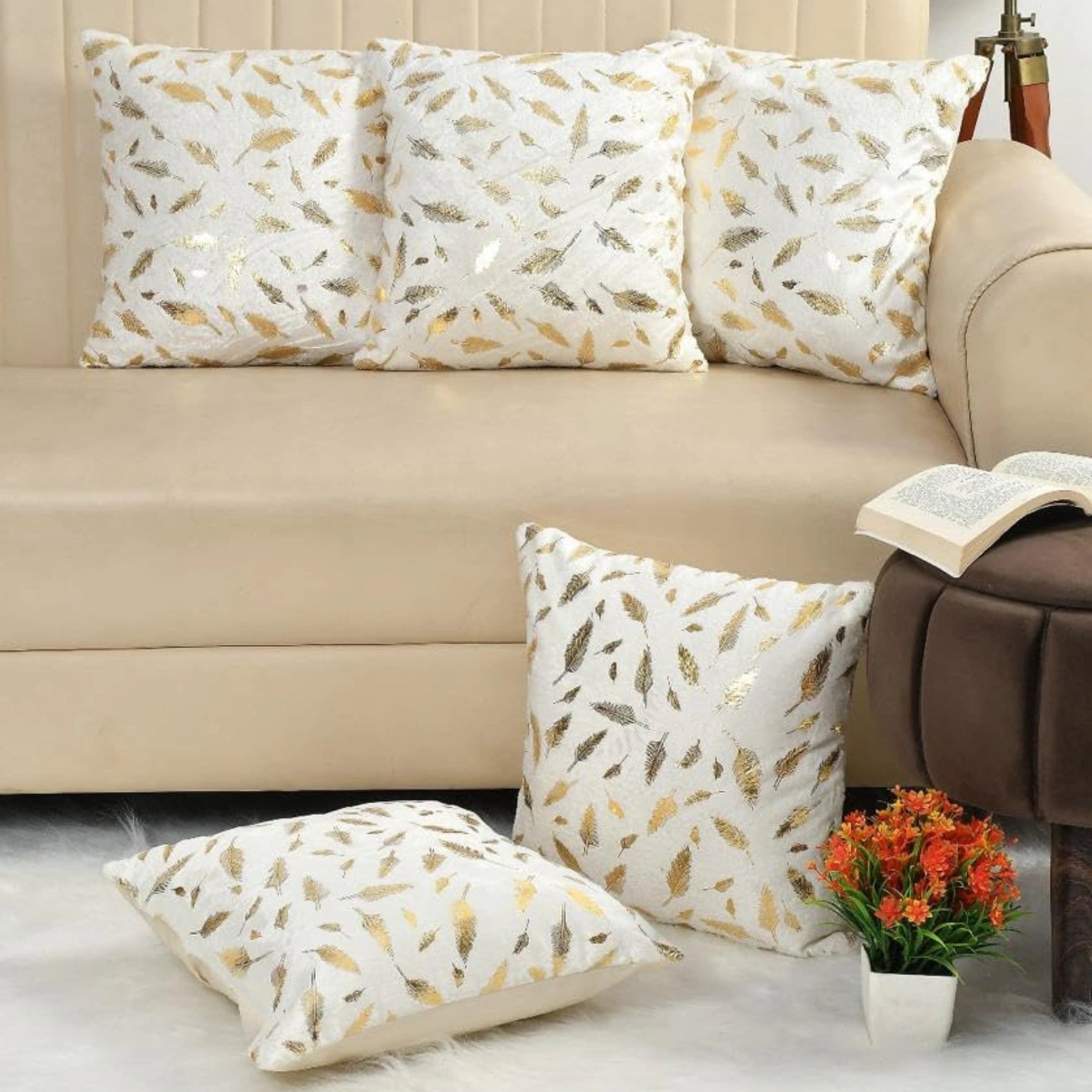 Homecrown White Velvet Cushion Covers Set of 5 (16x16 Inch) with Golden Leaf Foil Print | Cushion Covers | Homecrown