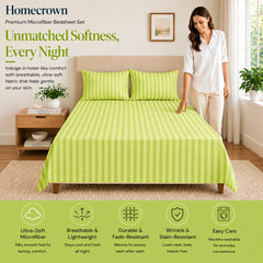 Homecrown Lime Green Satin Stripe Glace Cotton Double Bedsheet with 2 Pillow Covers (90 x 100 in) | Bedsheet | Homecrown