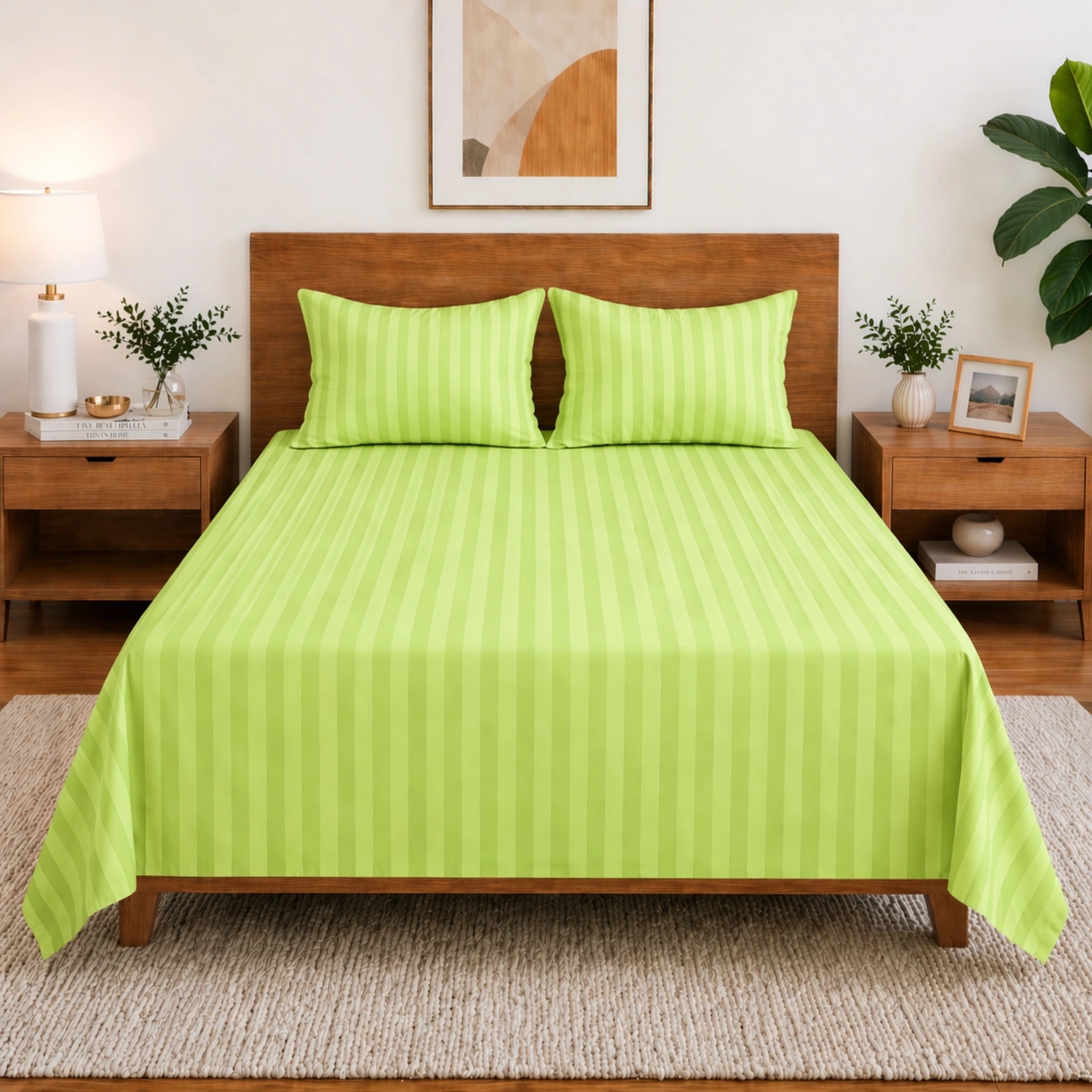 Homecrown Lime Green Satin Stripe Glace Cotton Double Bedsheet with 2 Pillow Covers (90 x 100 in) | Bedsheet | Homecrown