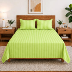Homecrown Lime Green Satin Stripe Glace Cotton Double Bedsheet with 2 Pillow Covers (90 x 100 in) | Bedsheet | Homecrown