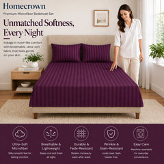 Homecrown Purple Wine Satin Stripe Glace Cotton Double Bedsheet with 2 Pillow Covers (90 x 100 in) | Bedsheet | Homecrown