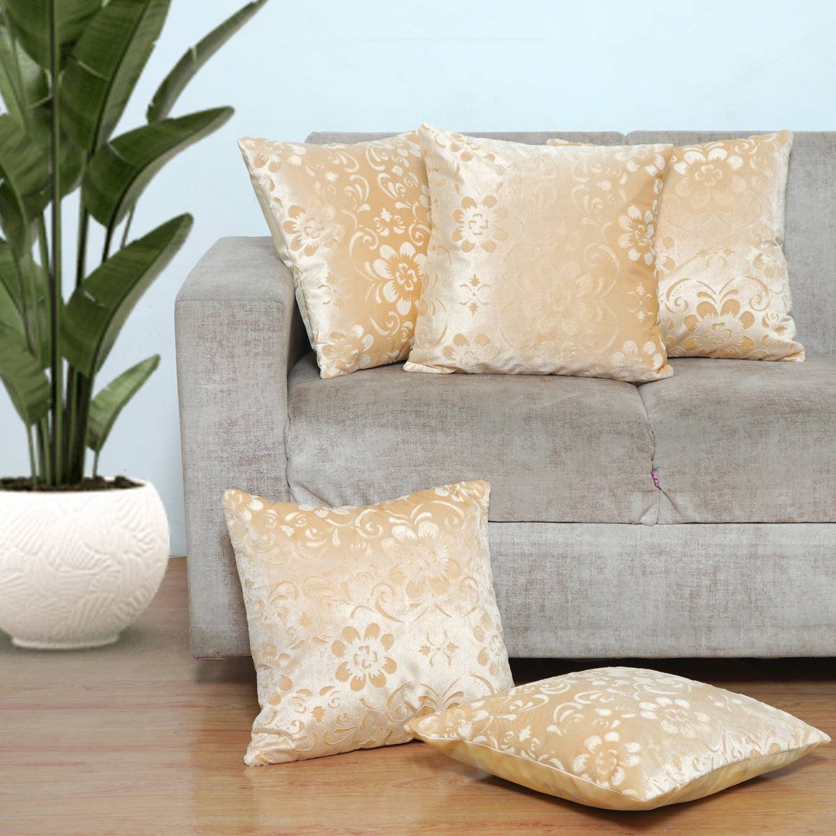 Homecrown Flower Design Velvet Cushion Covers 16x16 Inch – Set of 5 (Cream)