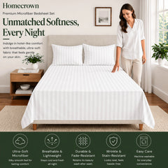 Homecrown White Satin Stripe Glace Cotton Double Bedsheet with 2 Pillow Covers (90 x 100 in) | Bedsheet | Homecrown