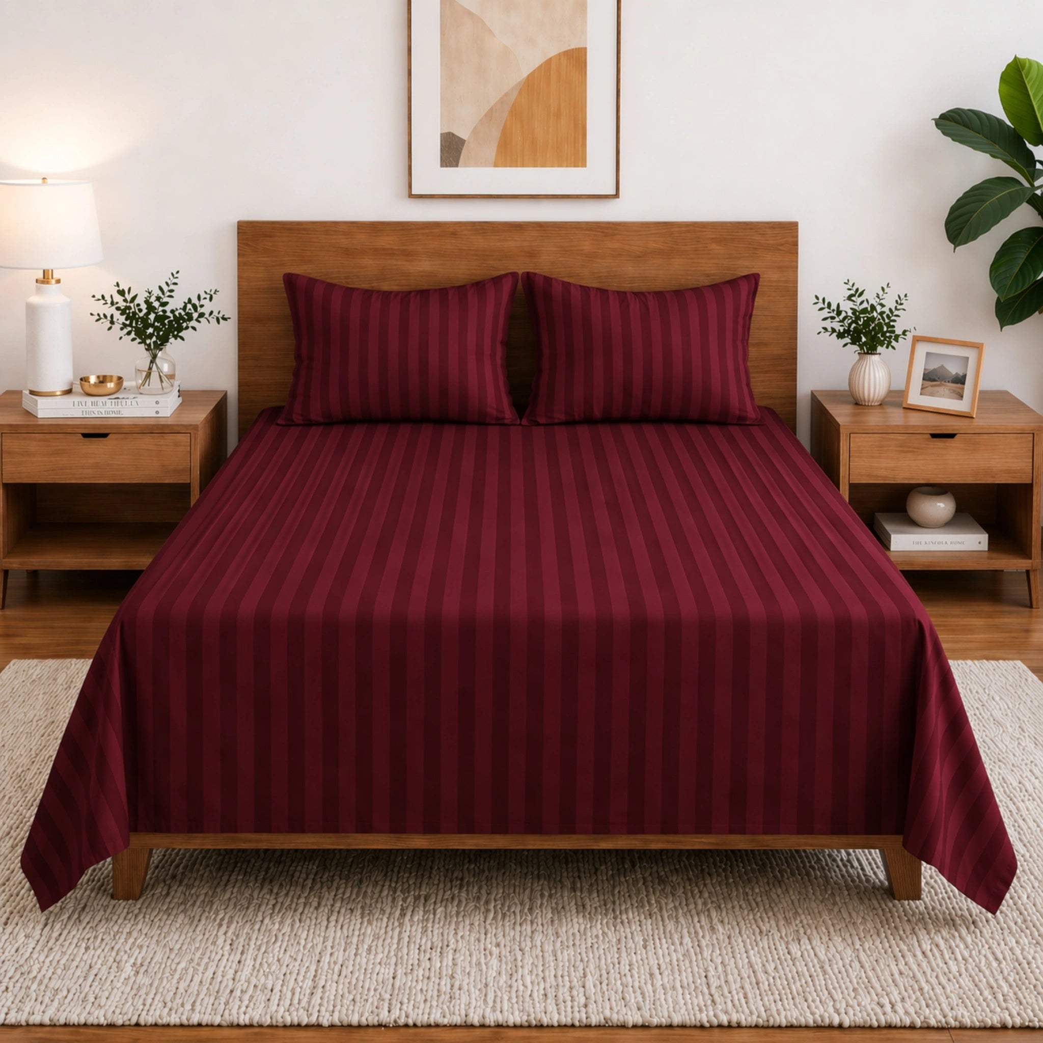 Homecrown Purple Wine Satin Stripe Glace Cotton Double Bedsheet with 2 Pillow Covers (90 x 100 in) | Bedsheet | Homecrown