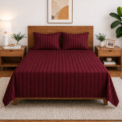 Homecrown Purple Wine Satin Stripe Glace Cotton Double Bedsheet with 2 Pillow Covers (90 x 100 in) | Bedsheet | Homecrown
