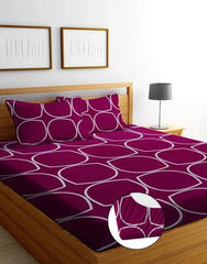 Homecrown Glace Cotton Elastic Fitted Bedsheet with 2 Pillow Covers (78X72 Inches, Geo Pink)