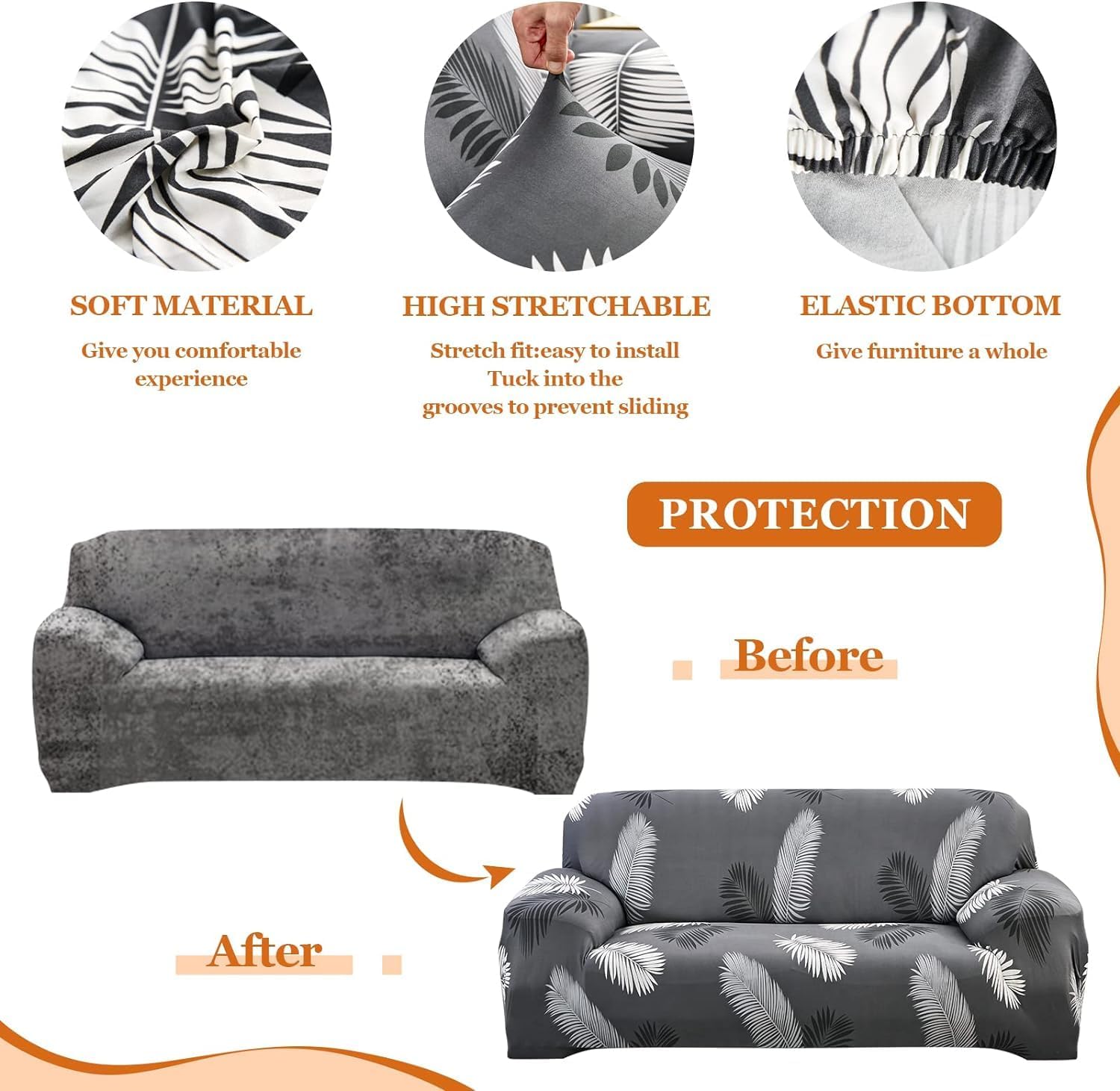Homecrown Stretchable Fully Covered 5 Seater Sofa Cover Set (3+1+1) – Feather Design, Universal Fit & Non-Slip Protection