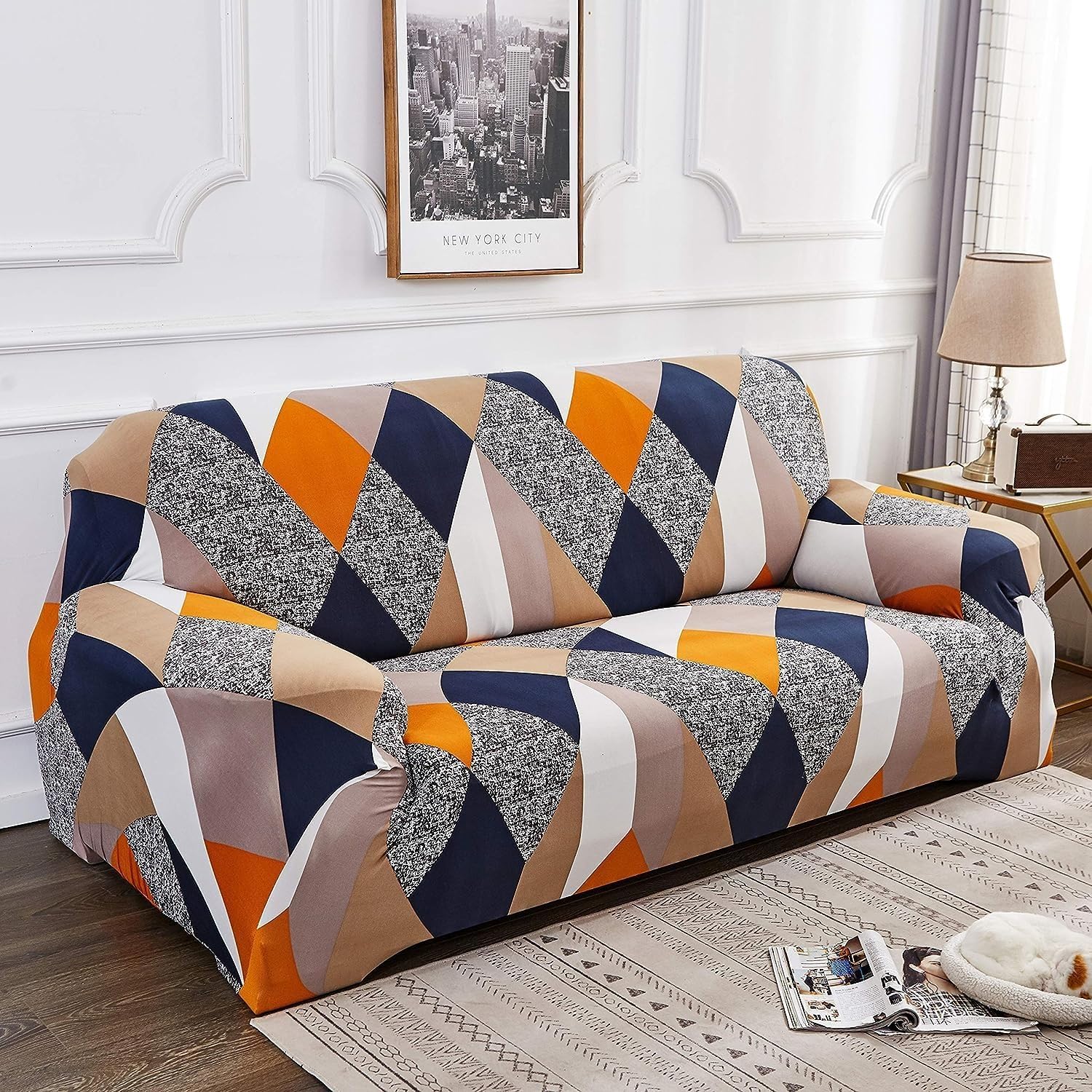 Homecrown Stretchable Fully Covered 5 Seater Sofa Cover Set (3+1+1) – Geometric Design, Universal Fit & Non-Slip Protection