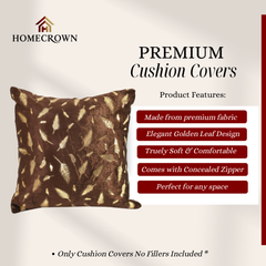 Homecrown Brown Velvet Cushion Covers Set of 5 (16x16 Inch) with Golden Leaf Foil Print | Cushion Covers | Homecrown