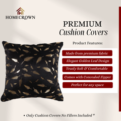 Homecrown Black Velvet Cushion Covers Set of 5 (16x16 Inch) with Golden Leaf Foil Print | Cushion Covers | Homecrown