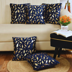 Homecrown Blue Velvet Cushion Covers Set of 5 (16x16 Inch) with Golden Leaf Foil Print | Cushion Covers | Homecrown