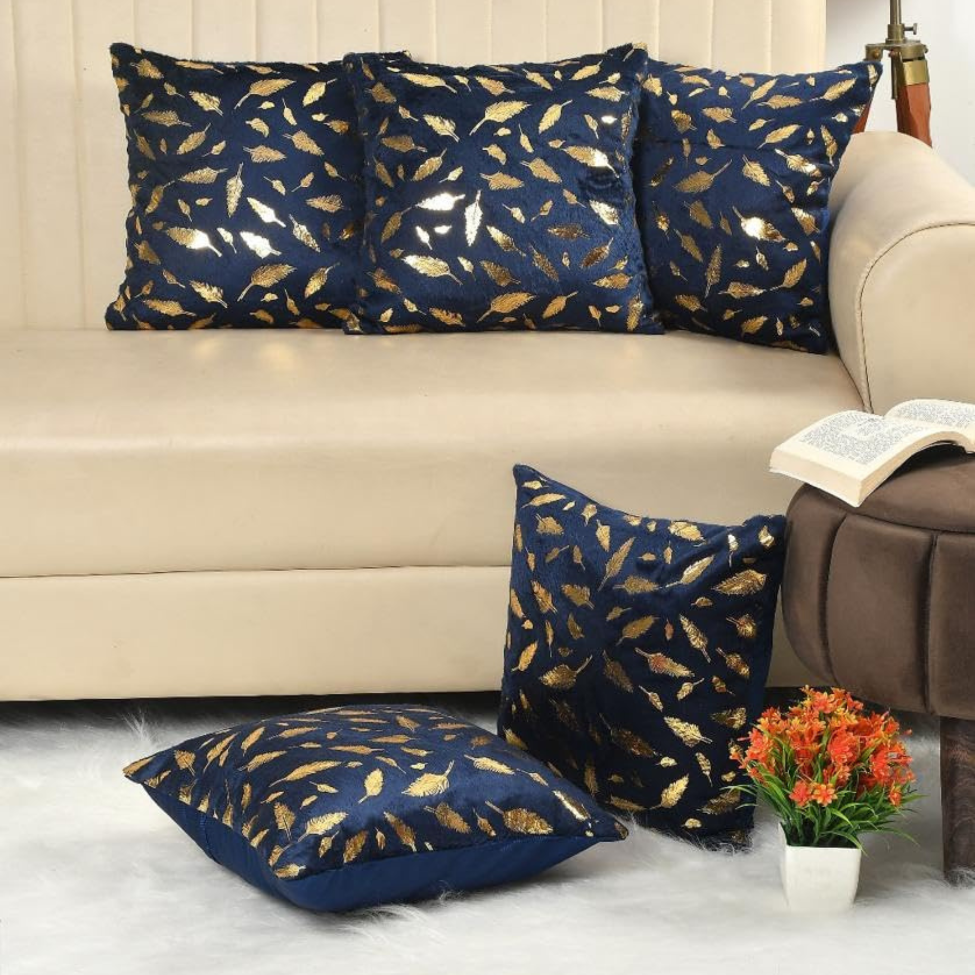 Homecrown Black Velvet Cushion Covers Set of 5 (16x16 Inch) with Golden Leaf Foil Print | Cushion Covers | Homecrown