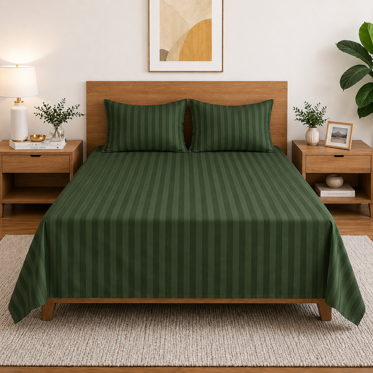 Homecrown Green Satin Stripe Glace Cotton Double Bedsheet with 2 Pillow Covers (90 x 100 in) | Bedsheet | Homecrown