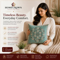 Homecrown Teal Floral Velvet Cushion Cover 16x16 Inch | Decorative Sofa Cushion Cover for Living Room & Bed | Cushion Covers | Homecrown