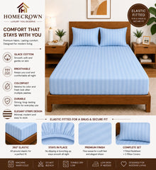Homecrown Glace Cotton Elastic Fitted Double Bedsheet with 2 Pillow Covers – 360° Fit, Striped Aqua Blue | Bedsheet | Homecrown