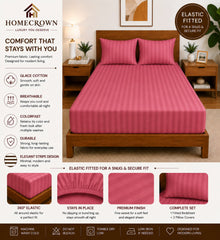 Homecrown Glace Cotton Elastic Fitted Double Bedsheet with 2 Pillow Covers – 360° Fit, Striped Dark Pink | Bedsheet | Homecrown