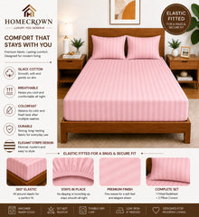 Homecrown Glace Cotton Elastic Fitted Double Bedsheet with 2 Pillow Covers – 360° Fit, Striped Pink | Bedsheet | Homecrown