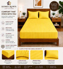 Homecrown Glace Cotton Elastic Fitted Double Bedsheet with 2 Pillow Covers – 360° Fit, Striped Yellow | Bedsheet | Homecrown