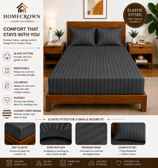 Homecrown Glace Cotton Elastic Fitted Double Bedsheet with 2 Pillow Covers – 360° Fit, Striped Grey | Bedsheet | Homecrown