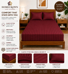 Homecrown Glace Cotton Elastic Fitted Double Bedsheet with 2 Pillow Covers – 360° Fit, Striped Maroon | Bedsheet | Homecrown