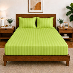 Homecrown Glace Cotton Elastic Fitted Double Bedsheet with 2 Pillow Covers – 360° Fit, Striped Lime Green | Bedsheet | Homecrown