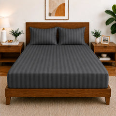 Homecrown Glace Cotton Elastic Fitted Double Bedsheet with 2 Pillow Covers – 360° Fit, Striped Grey | Bedsheet | Homecrown