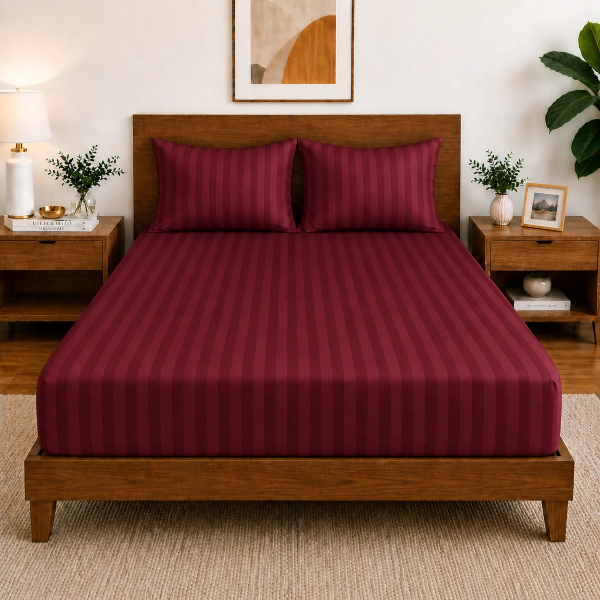 Homecrown Glace Cotton Elastic Fitted Double Bedsheet with 2 Pillow Covers – 360° Fit, Striped Maroon | Bedsheet | Homecrown