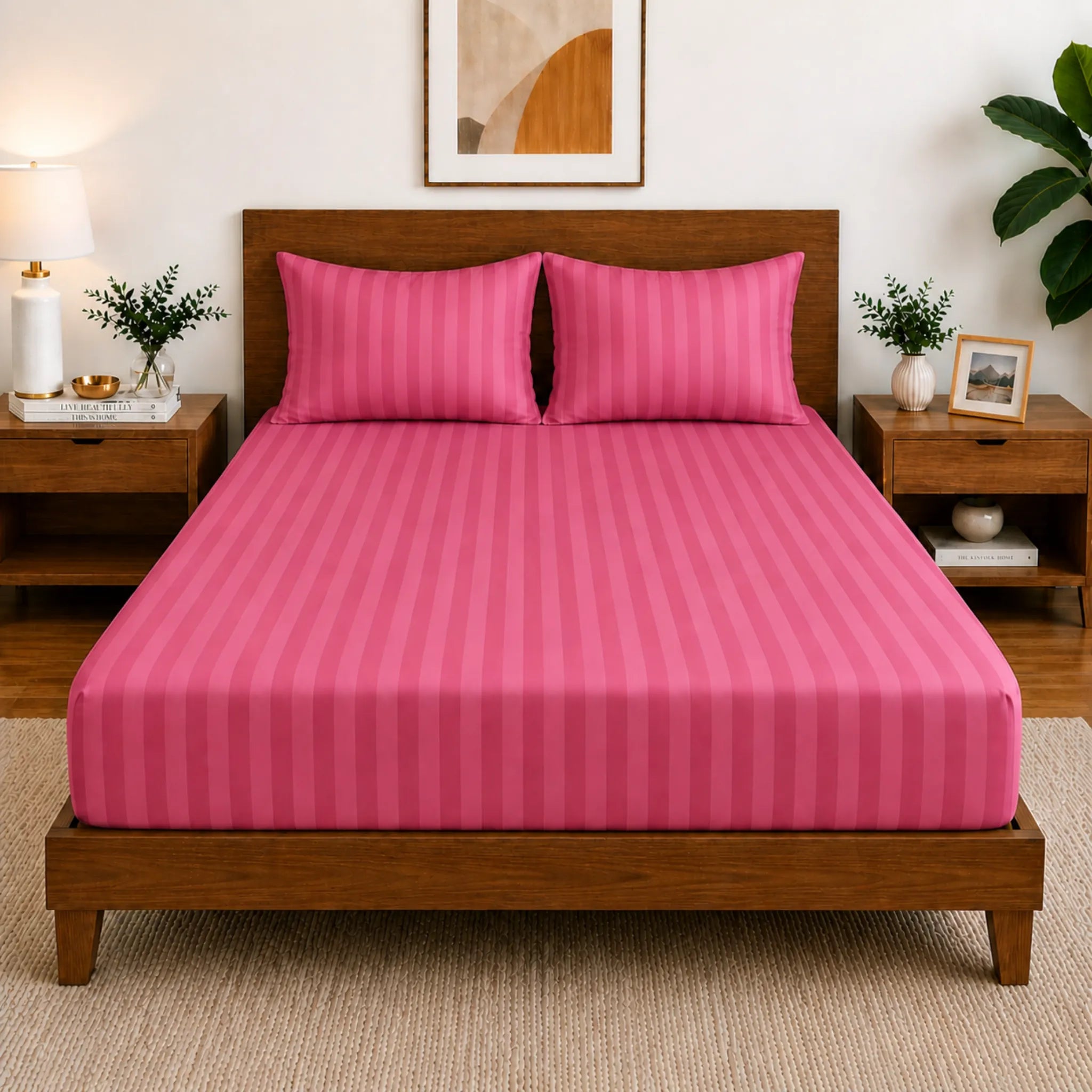 Homecrown Glace Cotton Elastic Fitted Double Bedsheet with 2 Pillow Covers – 360° Fit, Striped Dark Pink | Bedsheet | Homecrown