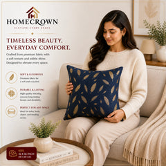 Homecrown Blue Velvet Cushion Covers Set of 5 (16x16 Inch) with Golden Leaf Foil Print | Cushion Covers | Homecrown