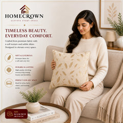 Homecrown Beige Velvet Cushion Covers Set of 5 (16x16 Inch) with Golden Leaf Foil Print | Cushion Covers | Homecrown