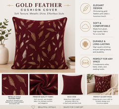 Homecrown Maroon Velvet Cushion Covers Set of 5 (16x16 Inch) with Golden Leaf Foil Print | Cushion Covers | Homecrown