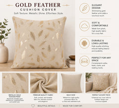 Homecrown Beige Velvet Cushion Covers Set of 5 (16x16 Inch) with Golden Leaf Foil Print | Cushion Covers | Homecrown